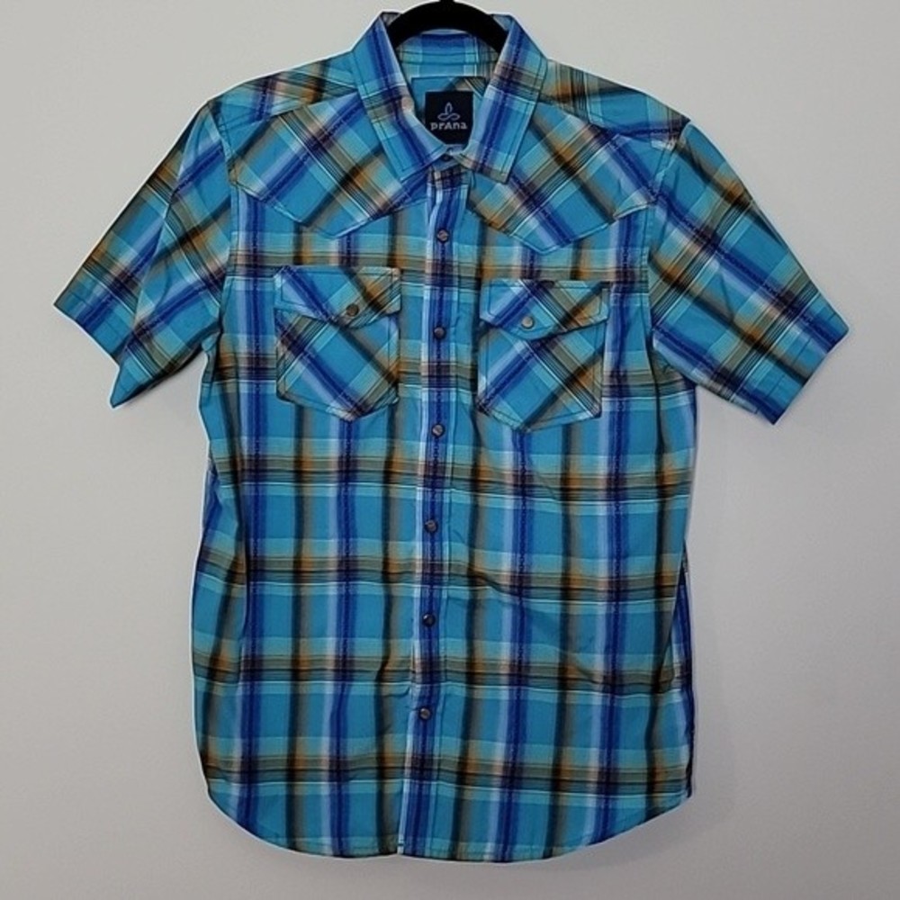 Prana snap button plaid shirt Sz M Blue Short sleeve